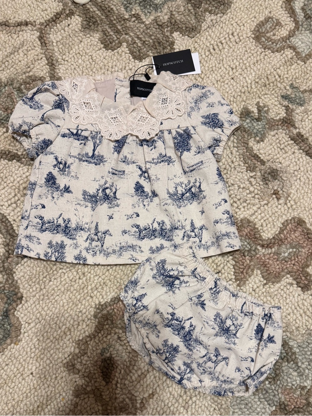 HOPSCOTCH Girls' Blue Toile Lace-Collar Matching Set